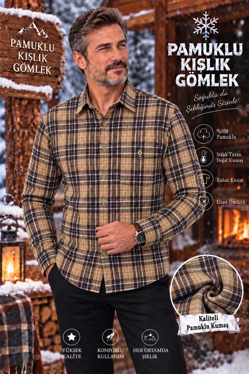Flanel Kışlık Pamuklu Kapaklı Cepli Düğmeli Yaka Gömlek (Regular Kalıp)