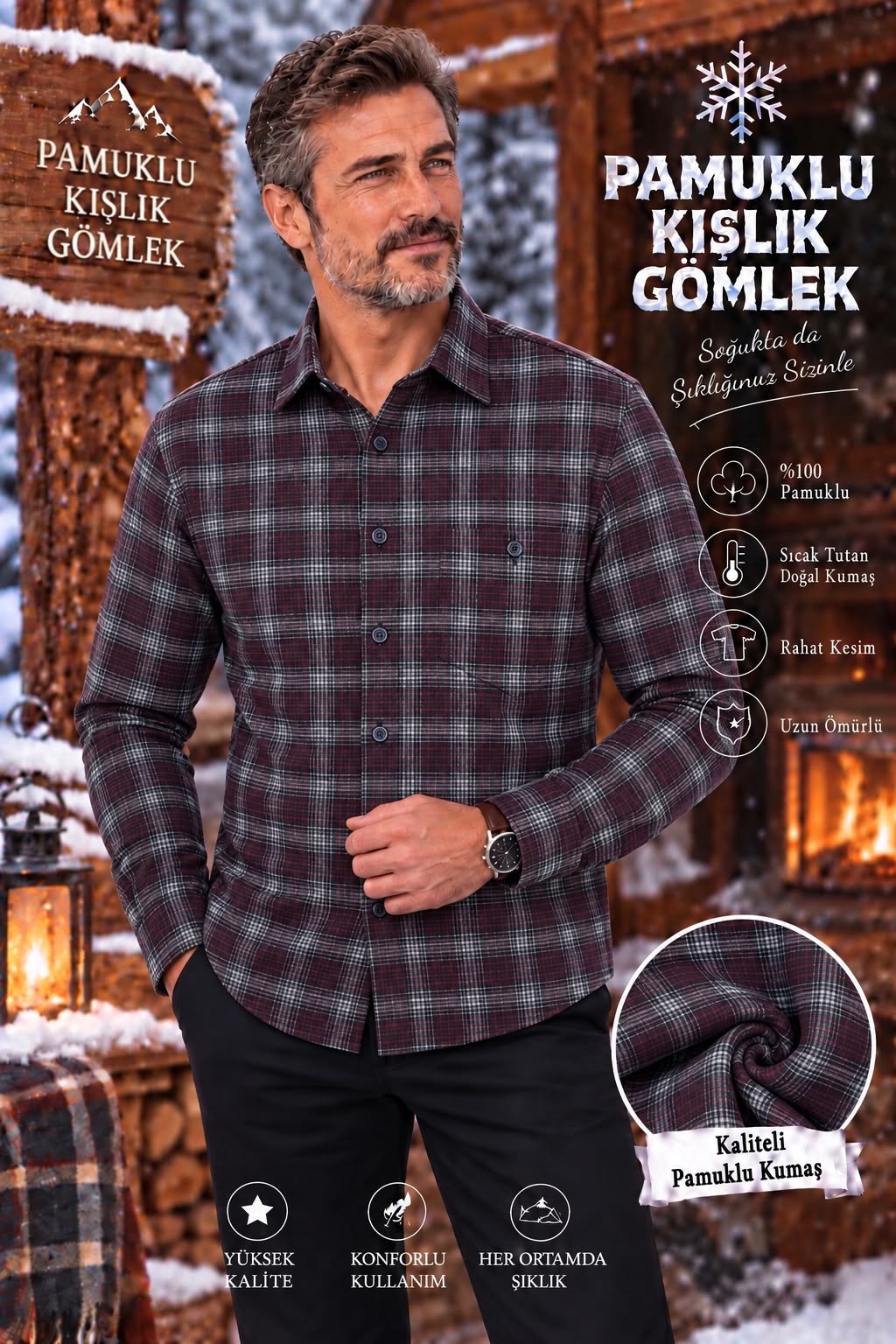 Flanel Kışlık Pamuklu Kapaklı Cepli Düğmeli Yaka Gömlek (Regular Kalıp)
