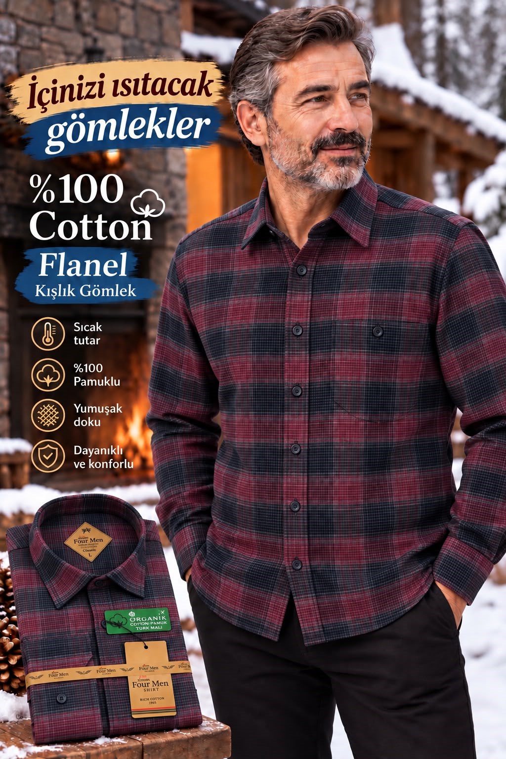 Flanel Kışlık Pamuklu Tek Cepli Düğmeli Yaka Gömlek (Regular Kalıp)