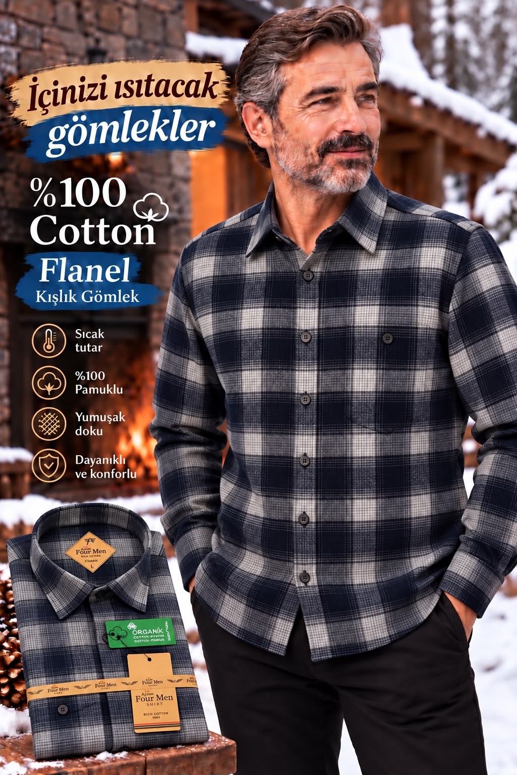 Flanel Kışlık Siyah Çizgili %100 Pamuklu Kapaklı Cepli Düğmeli Yaka Gömlek (Regular Kalıp)