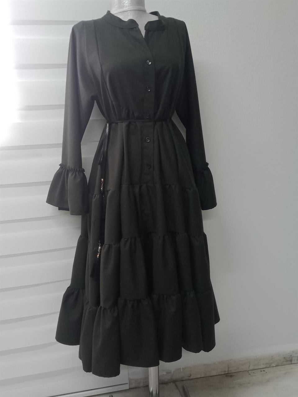 HAKİ VOLANLI ŞIK MİDİ  ELBİSE