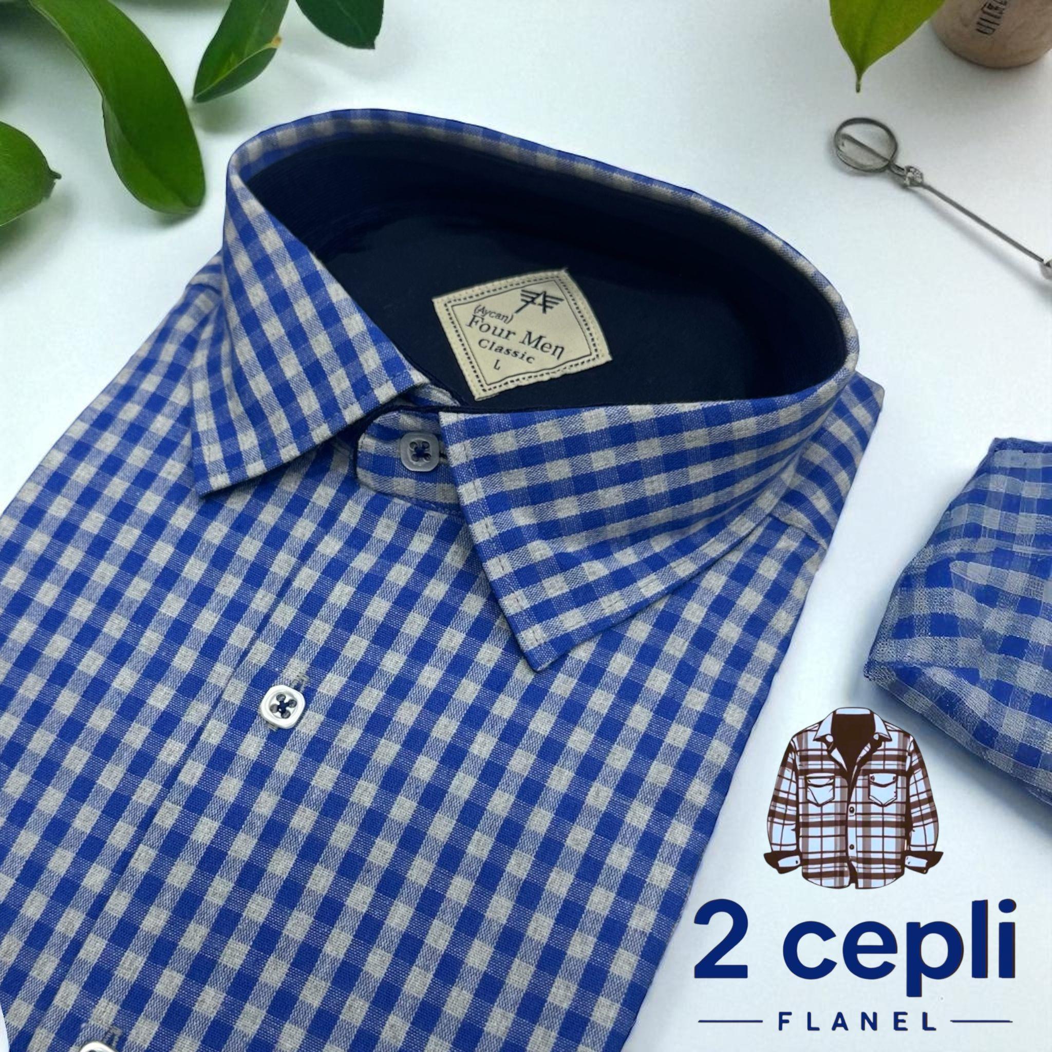 İki Cepli Kapaklı Klasik %100 Cotton Uzun Kollu Terletmeyen Kışlık Flanel Kumaş SaxMavisi Gömlek (Regular Kalıp)