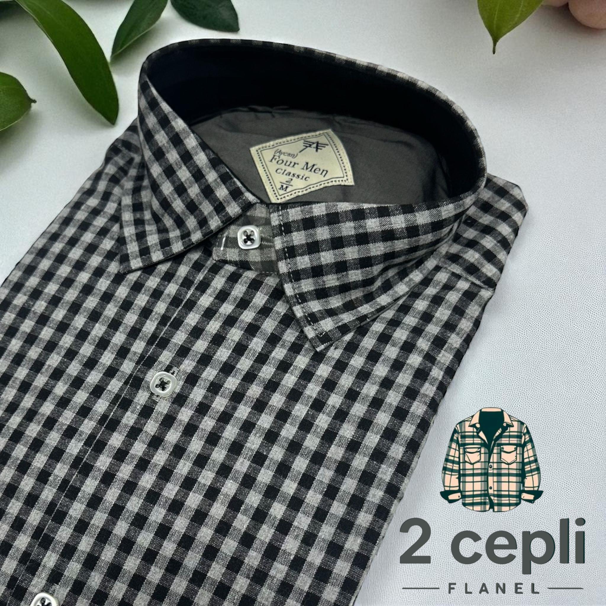 İki Cepli Kapaklı Klasik %100 Cotton Uzun Kollu Terletmeyen Kışlık Flanel Kumaş Gri Gömlek (Regular Kalıp)