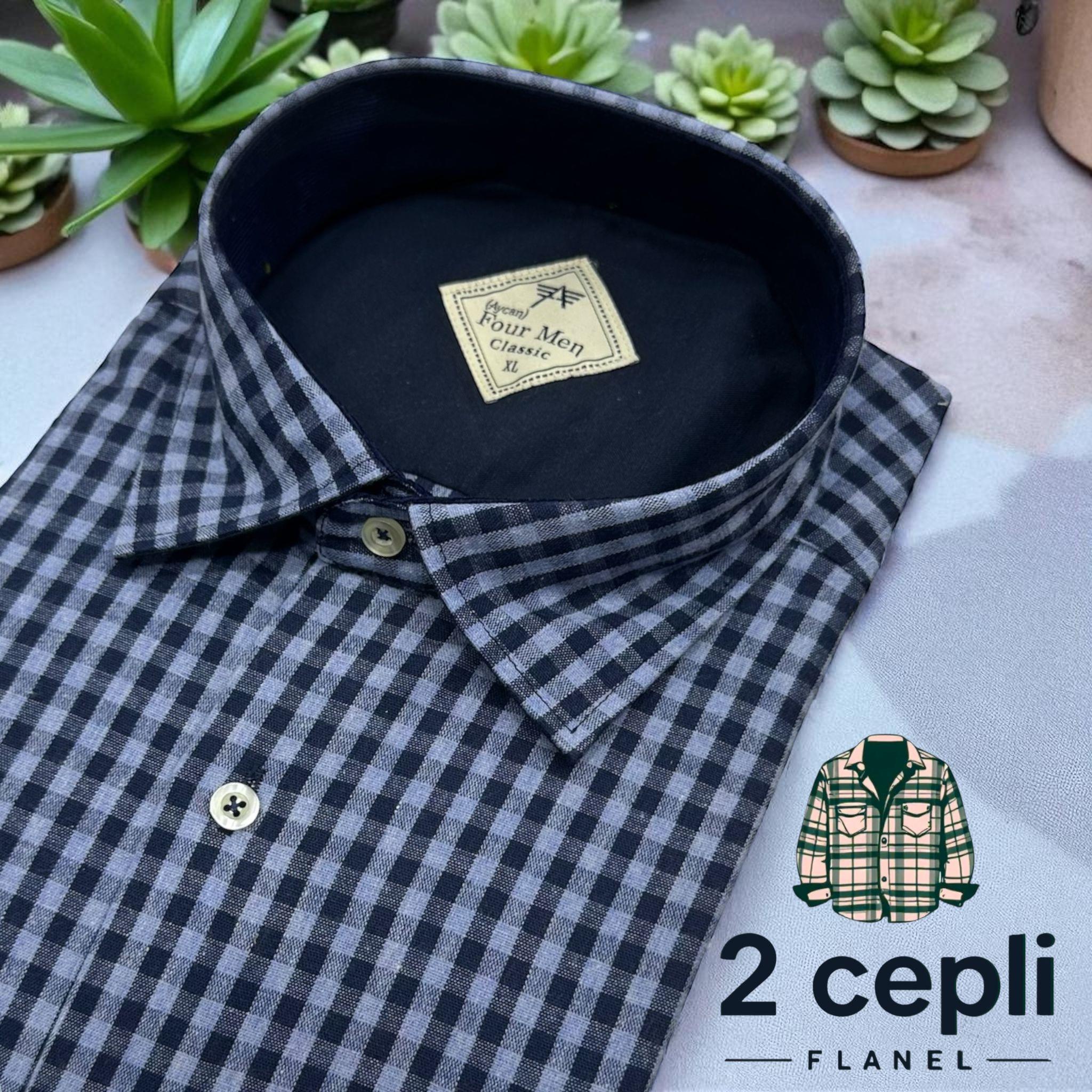 İki Cepli Kapaklı Klasik %100 Cotton Uzun Kollu Terletmeyen Kışlık Flanel Kumaş İndigo Mavi Gömlek (Regular Kalıp)