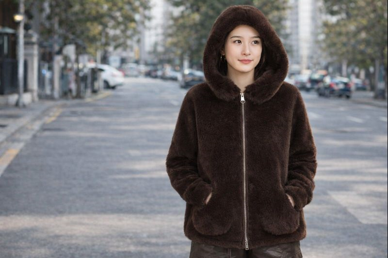 İtalyan Angora Cepli Ve Kapüşonlu Kürklü Kaban
