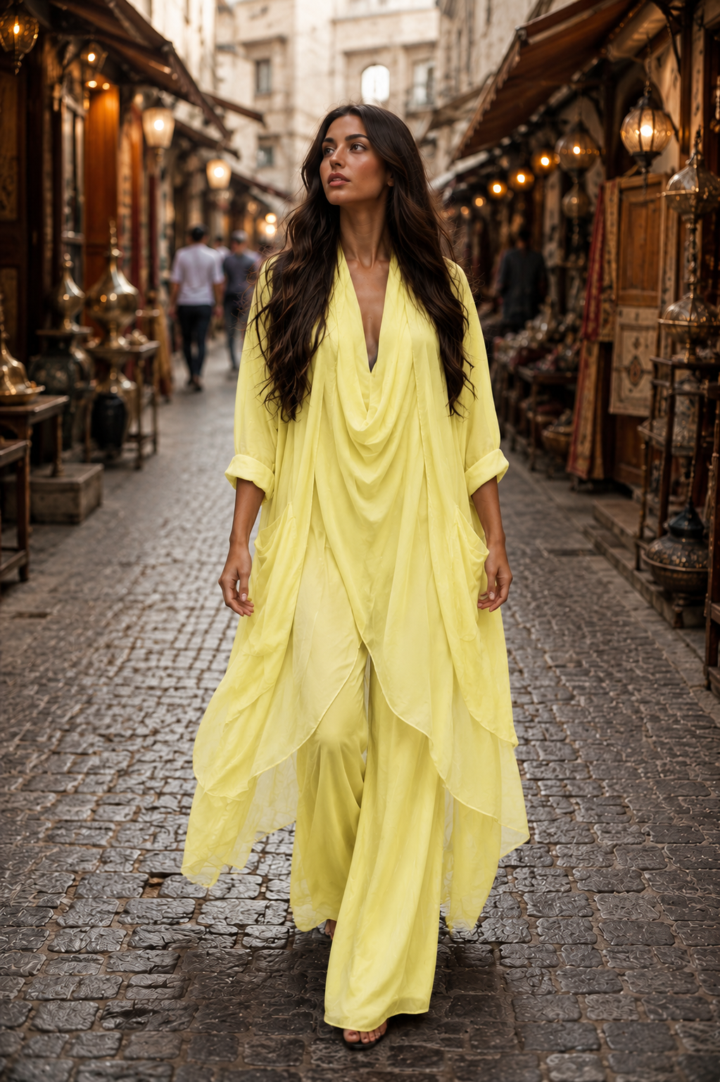 Italyan Ipek Detaylı Oversize Kap Bluz- Wes Pantolon Takım