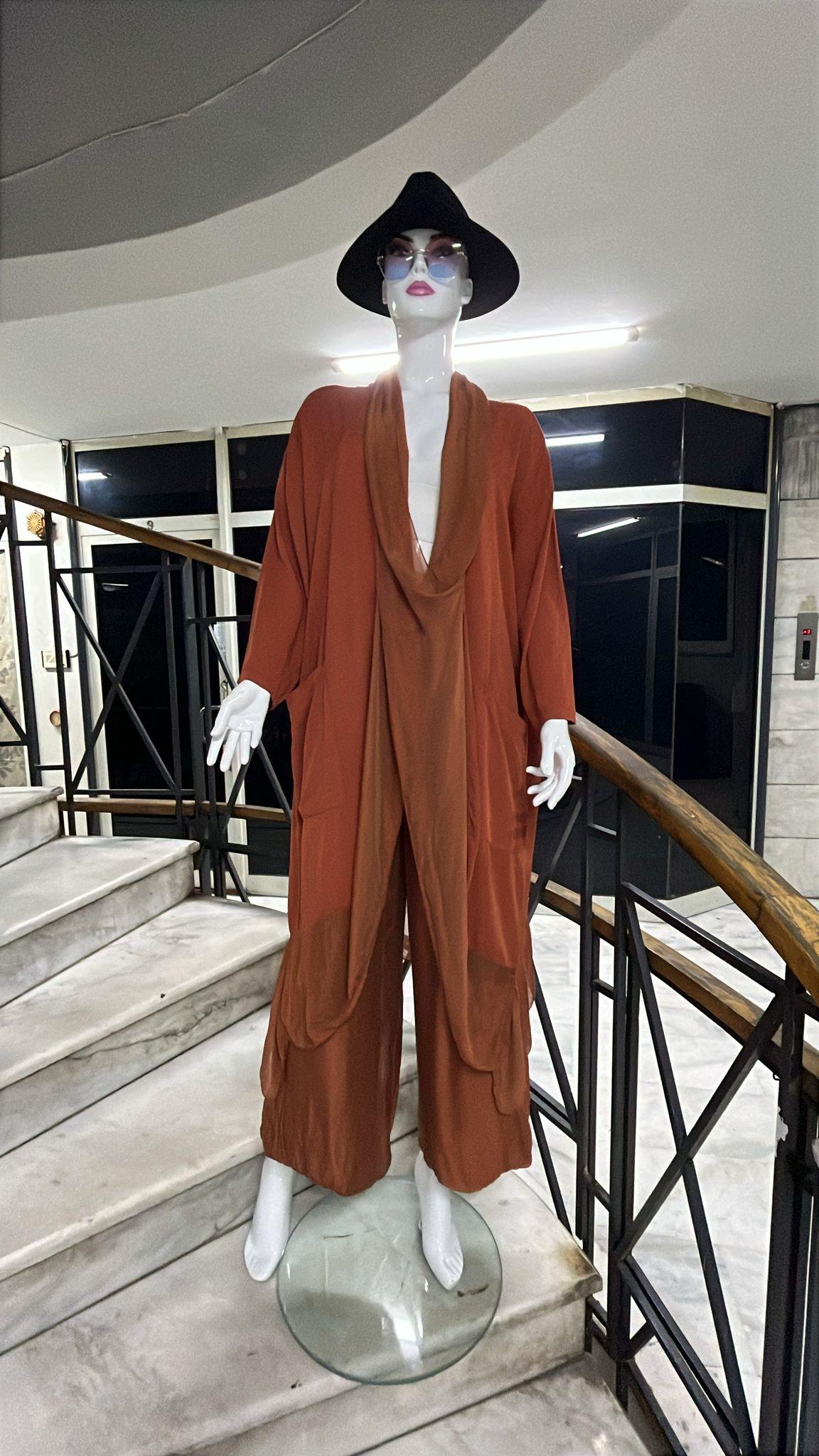 Italyan Ipek Detaylı Oversize Kap Bluz- Wes Pantolon Takım