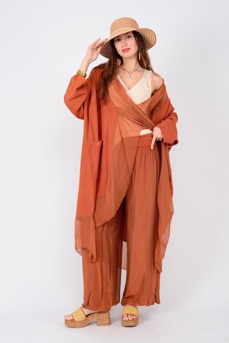Italyan Ipek Detaylı Oversize Kap Bluz- Wes Pantolon Takım