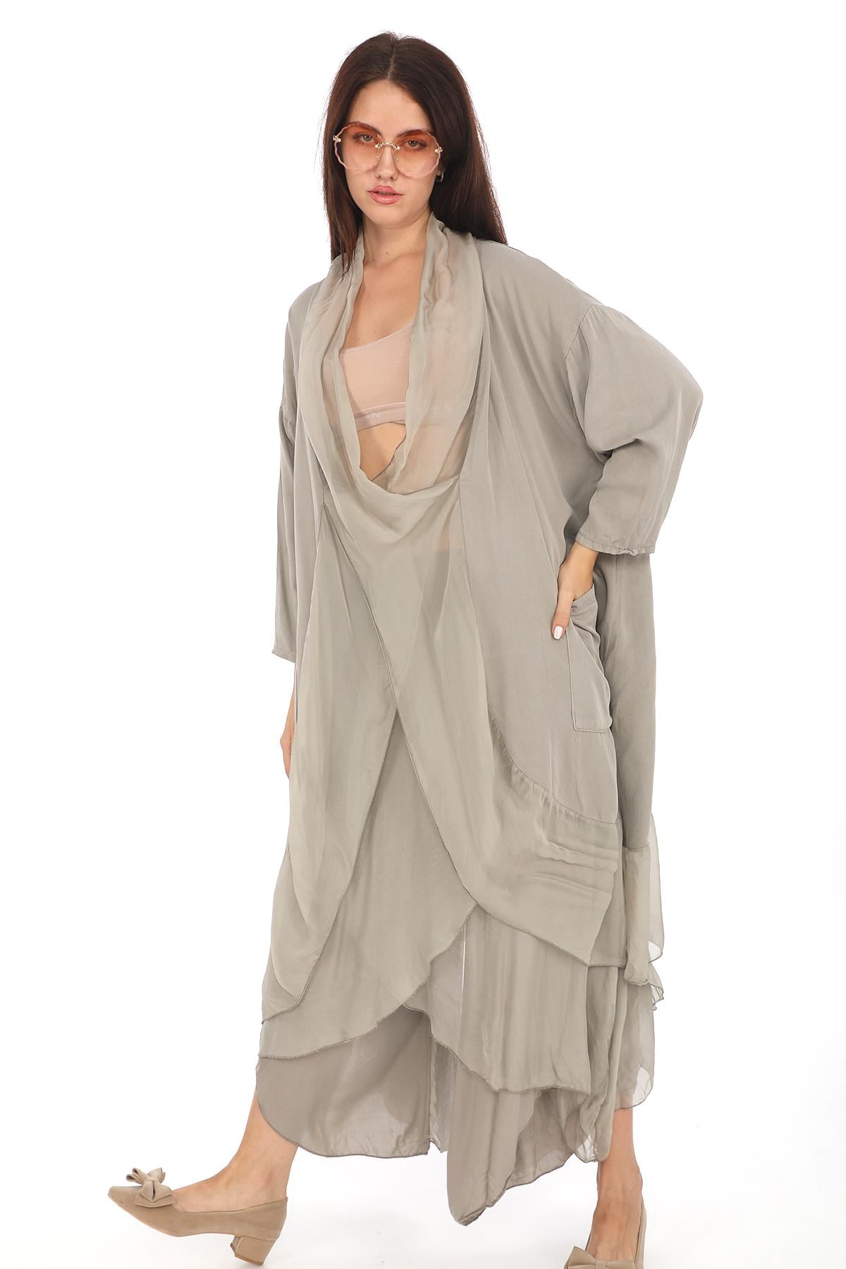 Italyan Ipek Detaylı Oversize Kap Bluz- Asimetrik Pantolon Takım