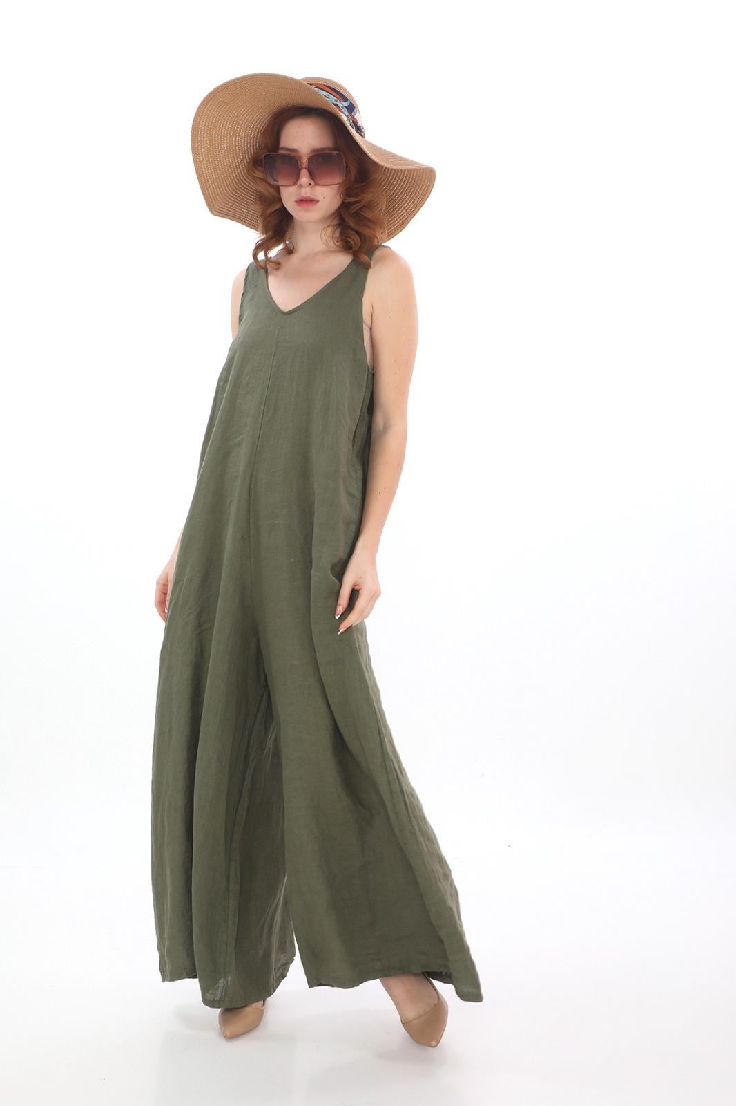 İtalyan Kadın Askılı Keten Tulum