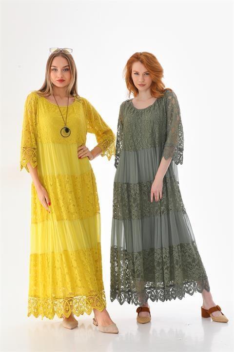 İTALYAN SUNSHINE İPEK DETAYLI  DANTELLİ ELBİSE