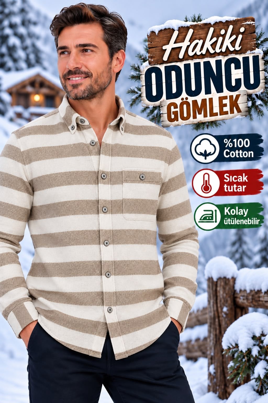 Kışlık Bej Pamuklu Kapaklı Cepli Düğmeli Yaka Hakiki Oduncu Gömlek (Regular Kalıp)