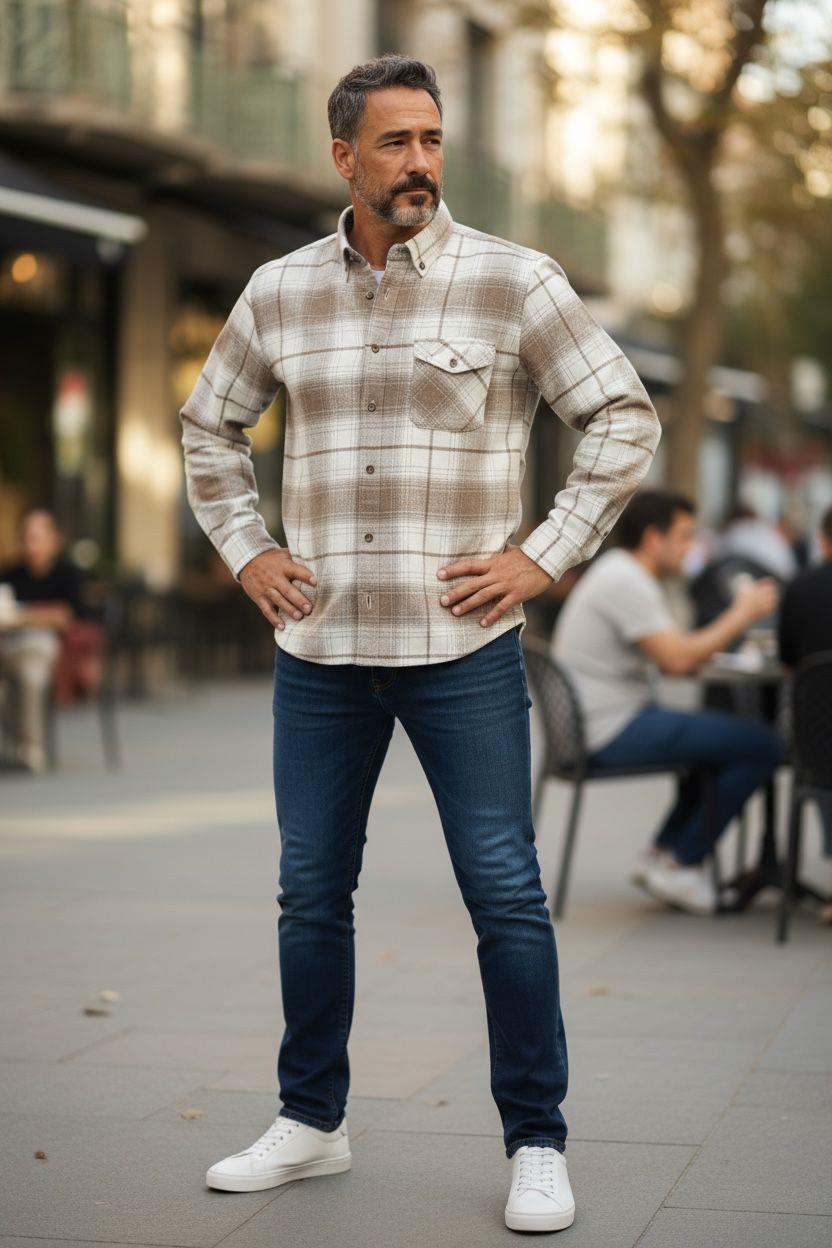 Kışlık Pamuklu Bej Uzun Kollu Cepli Erkek Oduncu Gömlek (Slim Fit)
