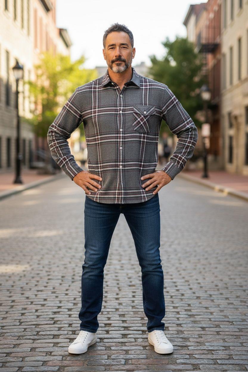 Kışlık Pamuklu Gri Uzun Kollu Cepli Erkek Oduncu Gömlek (Slim Fit)