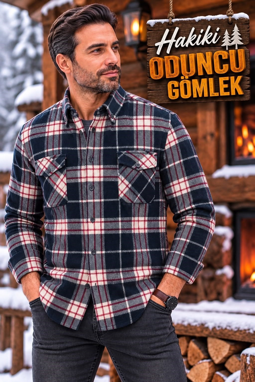 Kışlık Pamuklu Kapaklı Cepli Düğmeli Yaka Hakiki Oduncu Gömlek (Regular Kalıp)