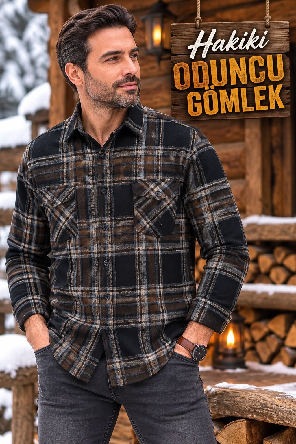 Kışlık Pamuklu Kapaklı Cepli Düğmeli Yaka Hakiki Oduncu Gömlek (Regular Kalıp)