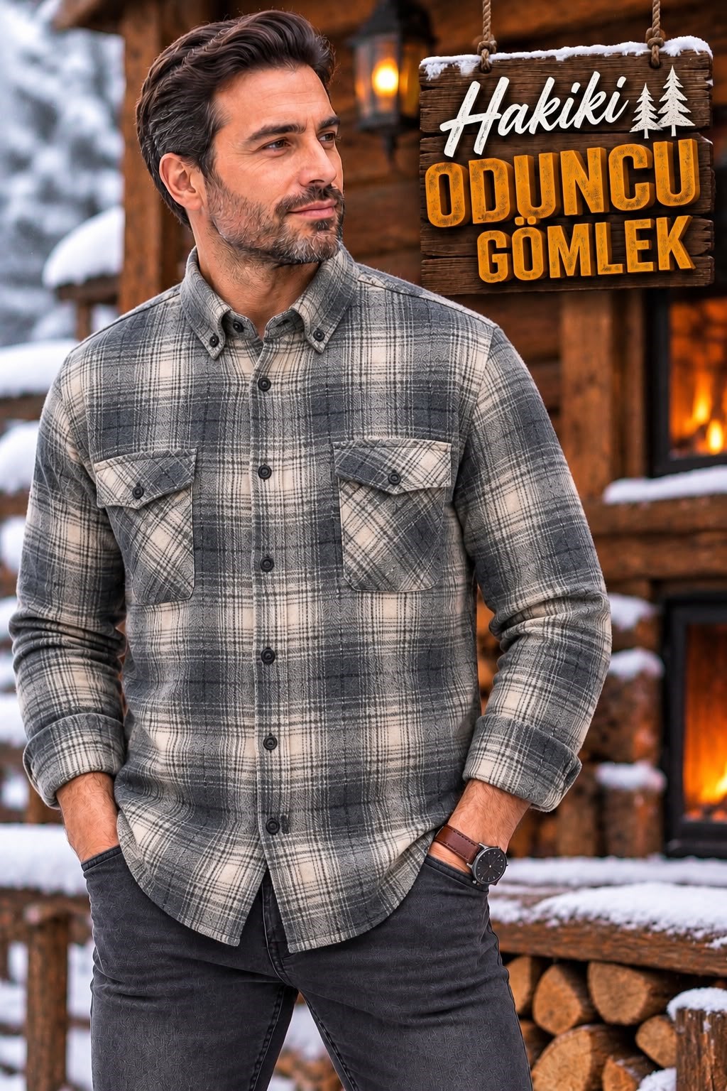 Kışlık Pamuklu Kapaklı Cepli Düğmeli Yaka Hakiki Oduncu Gömlek (Regular Kalıp)
