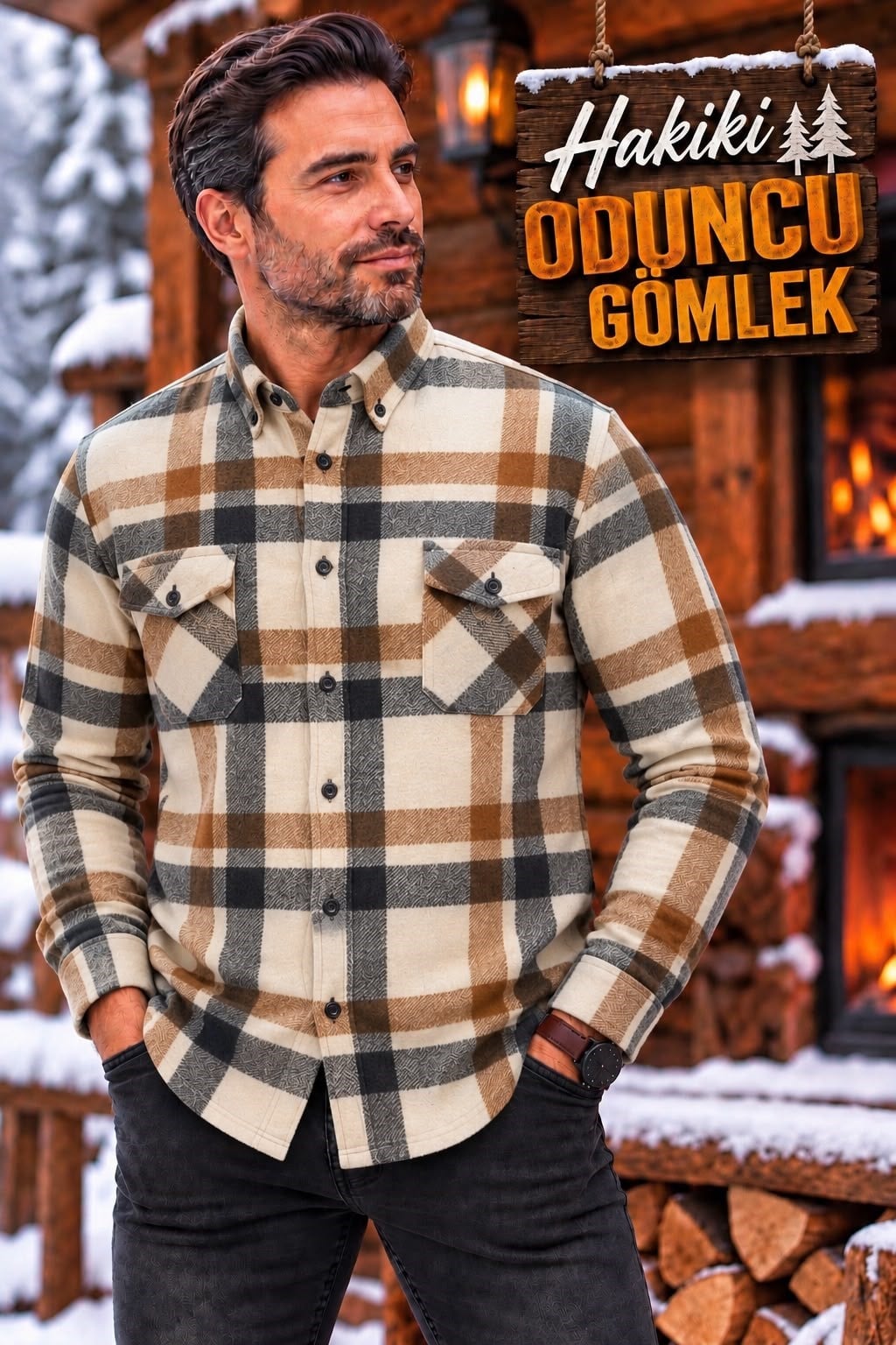 Kışlık Pamuklu Kapaklı Cepli Düğmeli Yaka Hakiki Oduncu Gömlek (Regular Kalıp)