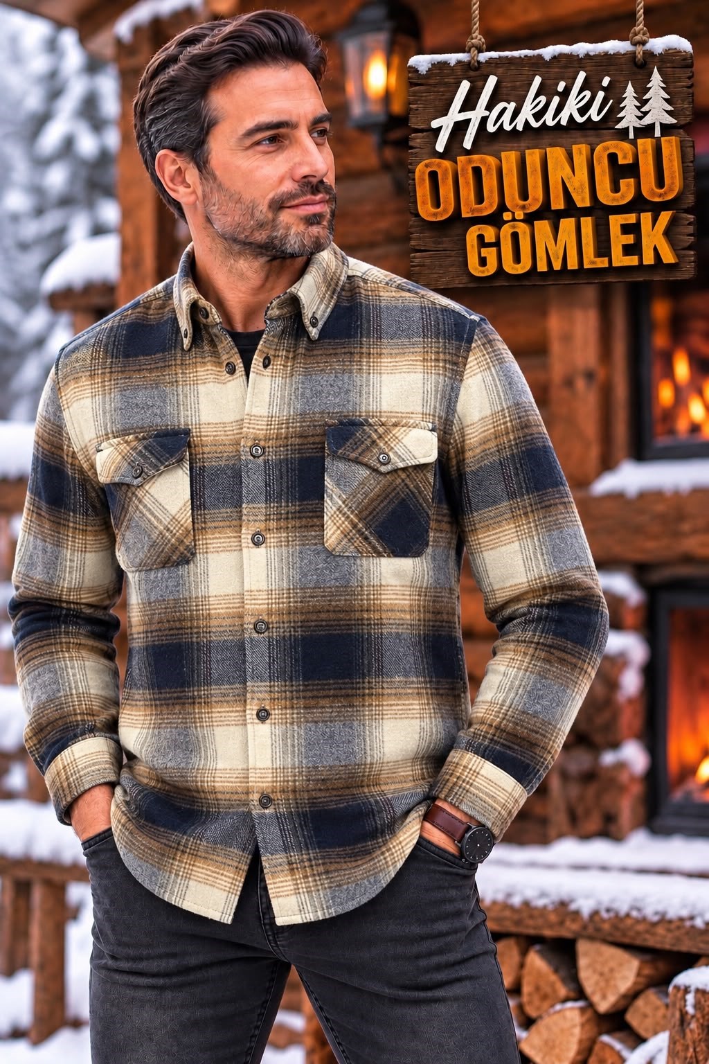 Kışlık Pamuklu Kapaklı Cepli Düğmeli Yaka Hakiki Oduncu Gömlek (Regular Kalıp)