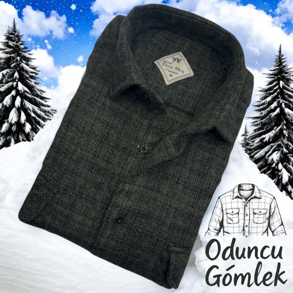 Kışlık Pamuklu Uzun Kollu Kapaklı Çift Cepli Erkek Oduncu Gömlek (Regular Kalıp)