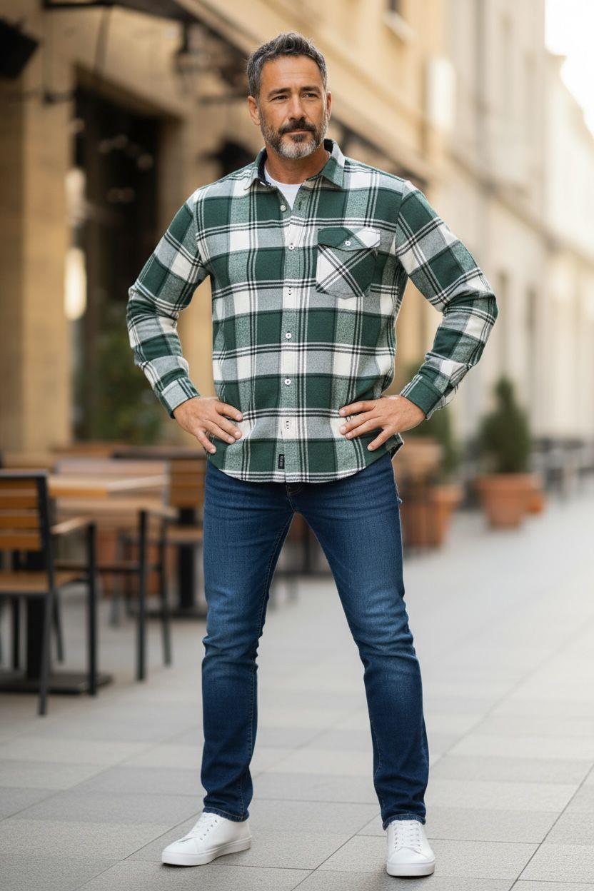 Kışlık Pamuklu Yeşil Uzun Kollu Cepli Erkek Oduncu Gömlek (Slim Fit)