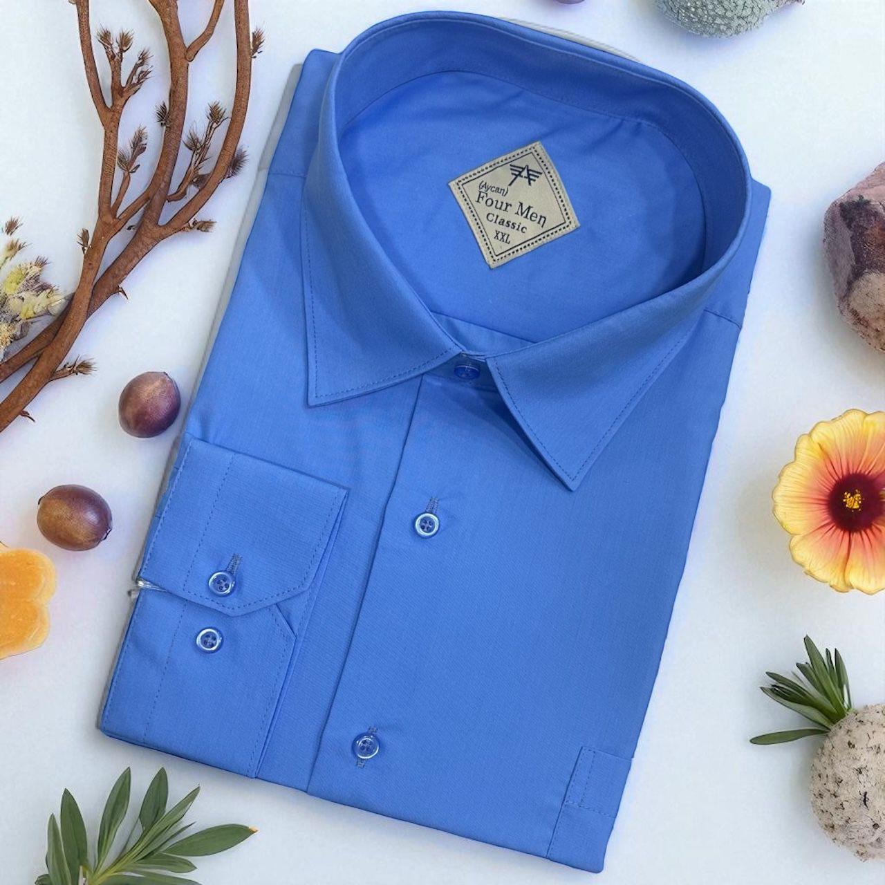 Klasik %100 Cotton Uzun Kollu Terletmeyen Kışlık Flanel Kumaş İndigo Mavi Gömlek (Regular Kalıp)