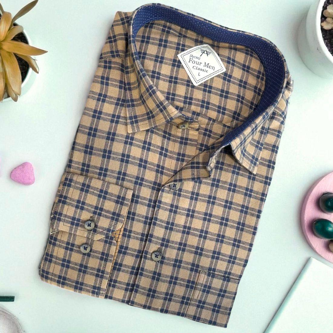Klasik %100 Cotton Uzun Kollu Terletmeyen Kışlık Flanel Kumaş Camel Gömlek (Regular Kalıp)