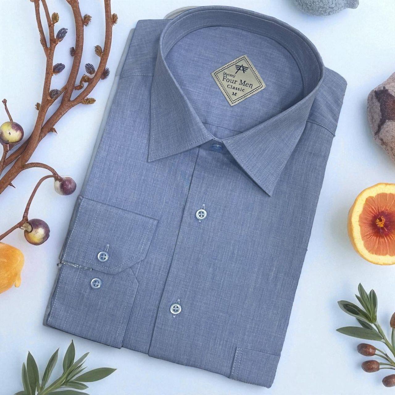Klasik %100 Cotton Uzun Kollu Terletmeyen Kışlık Flanel Kumaş İndigo Mavi Gömlek (Regular Kalıp)