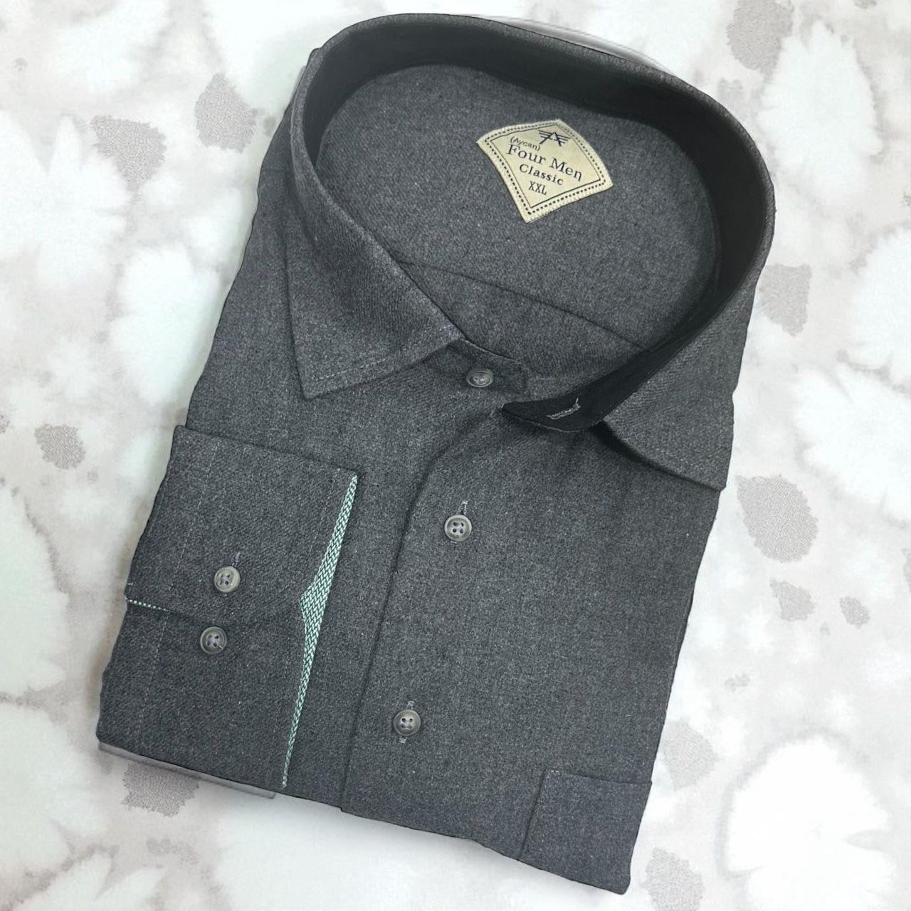 Klasik %100 Cotton Uzun Kollu Terletmeyen Kışlık Flanel Kumaş Koyu Gri Gömlek (Regular Kalıp)