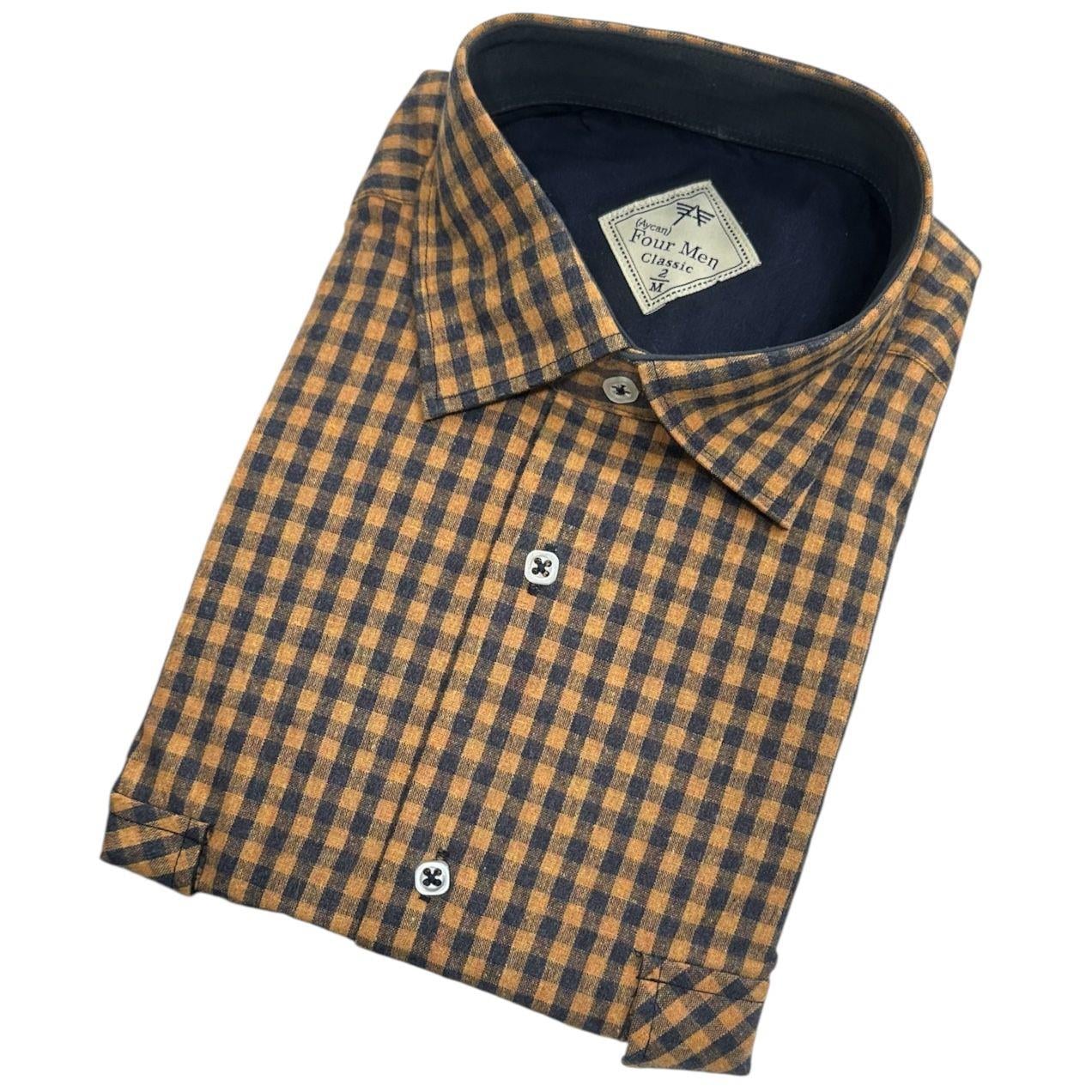 Klasik %100 Cotton Uzun Kollu Terletmeyen Kışlık Flanel Kumaş kahverengi Gömlek (Regular Kalıp)