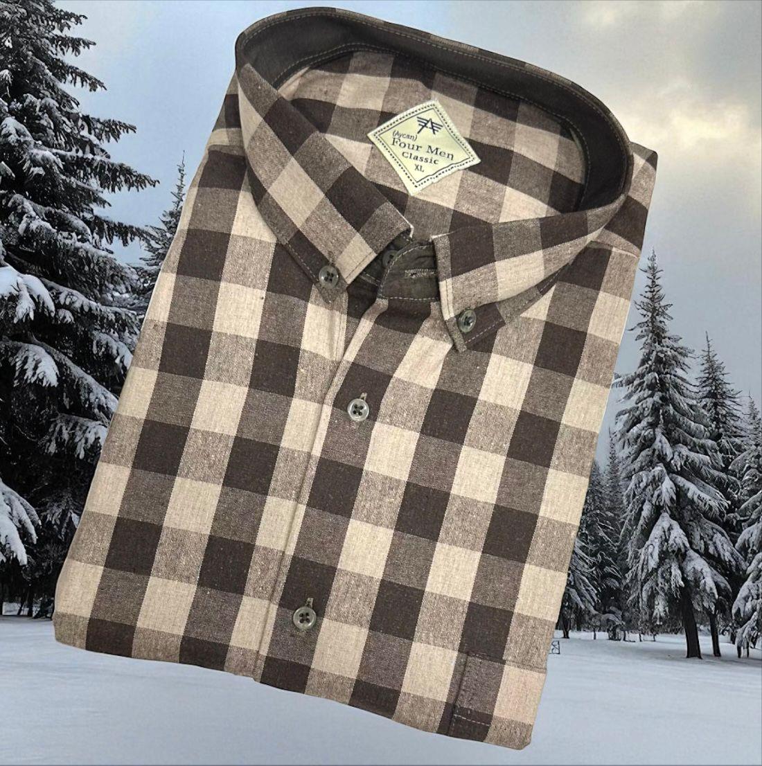 Klasik %100 Cotton Uzun Kollu Terletmeyen Kışlık Flanel Kumaş Kahverengi Gömlek (Regular Kalıp)