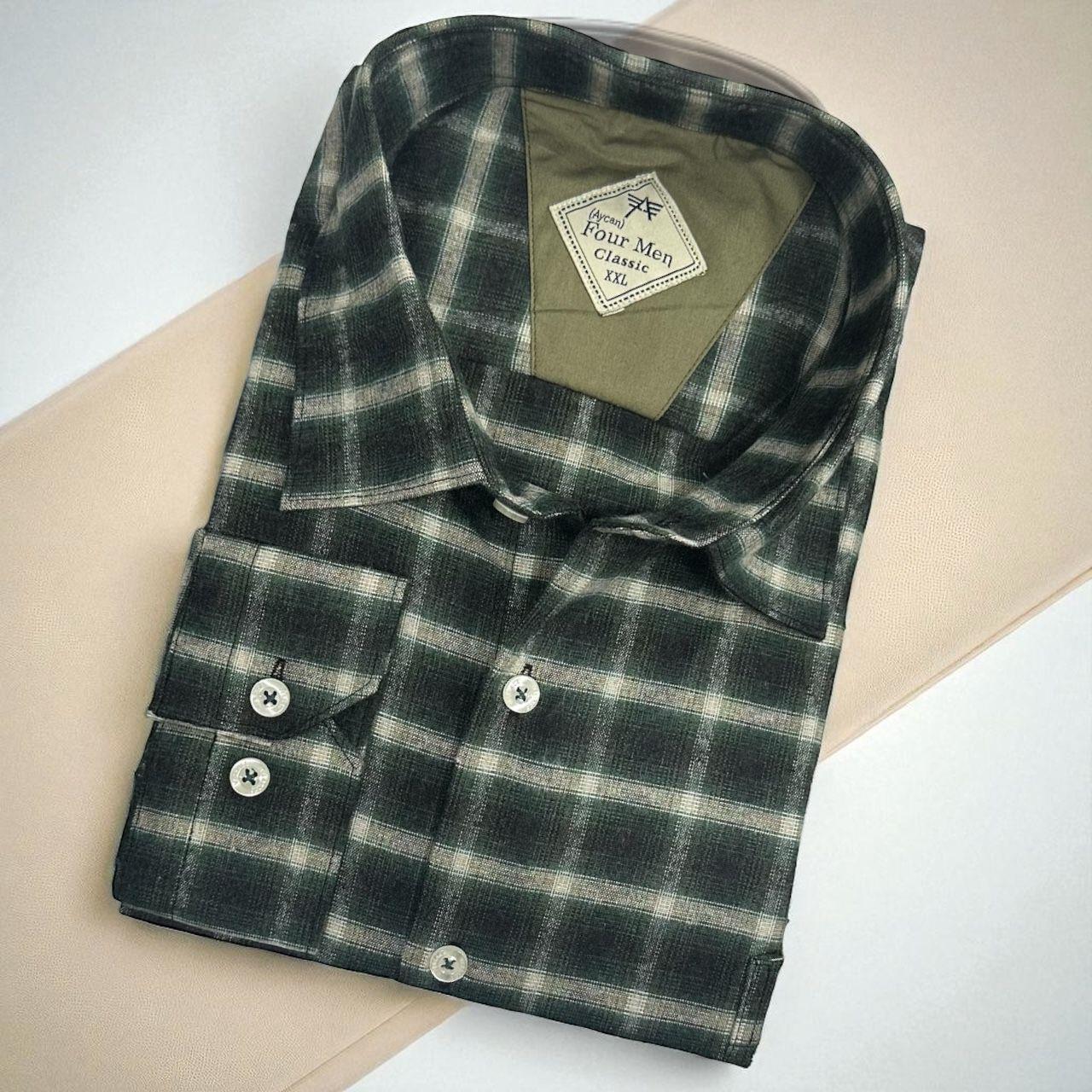 Klasik %100 Cotton Uzun Kollu Terletmeyen Kışlık Flanel Kumaş Zümrüt Gömlek (Regular Kalıp)