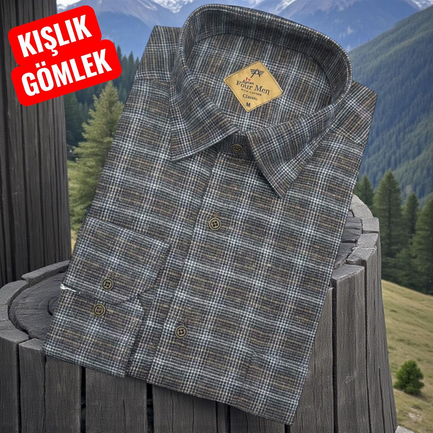 Klasik %100 Cotton Uzun Kollu Yakası gizli düğmeli Kışlık Flanel Gömlek (Regular Kalıp)