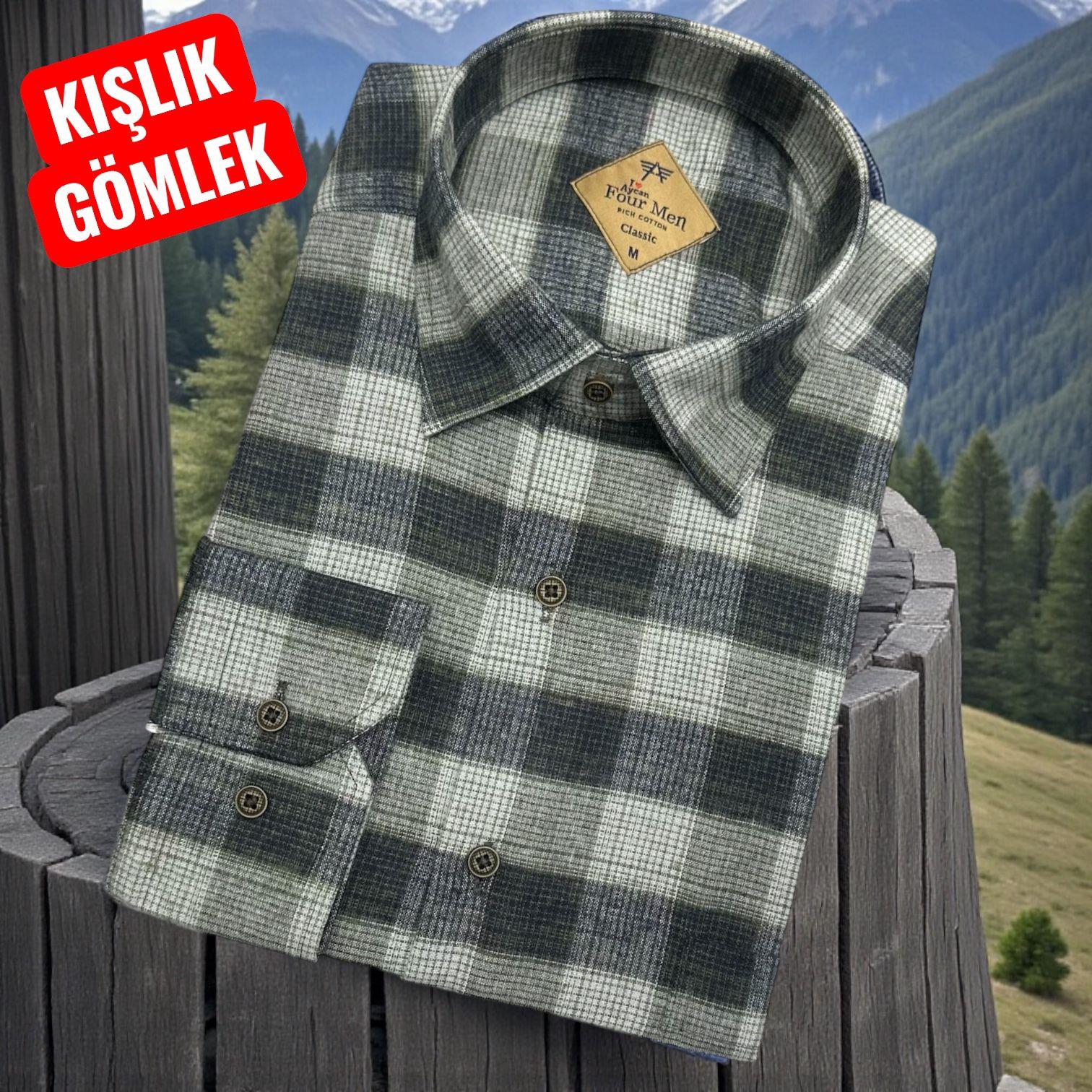 Klasik %100 Cotton Uzun Kollu Yakası gizli düğmeli Kışlık Flanel Gömlek (Regular Kalıp)