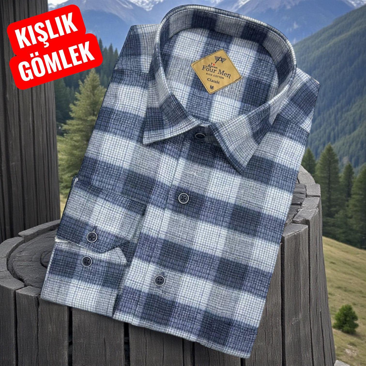 Klasik %100 Cotton Uzun Kollu Yakası gizli düğmeli Kışlık Flanel Gömlek (Regular Kalıp)