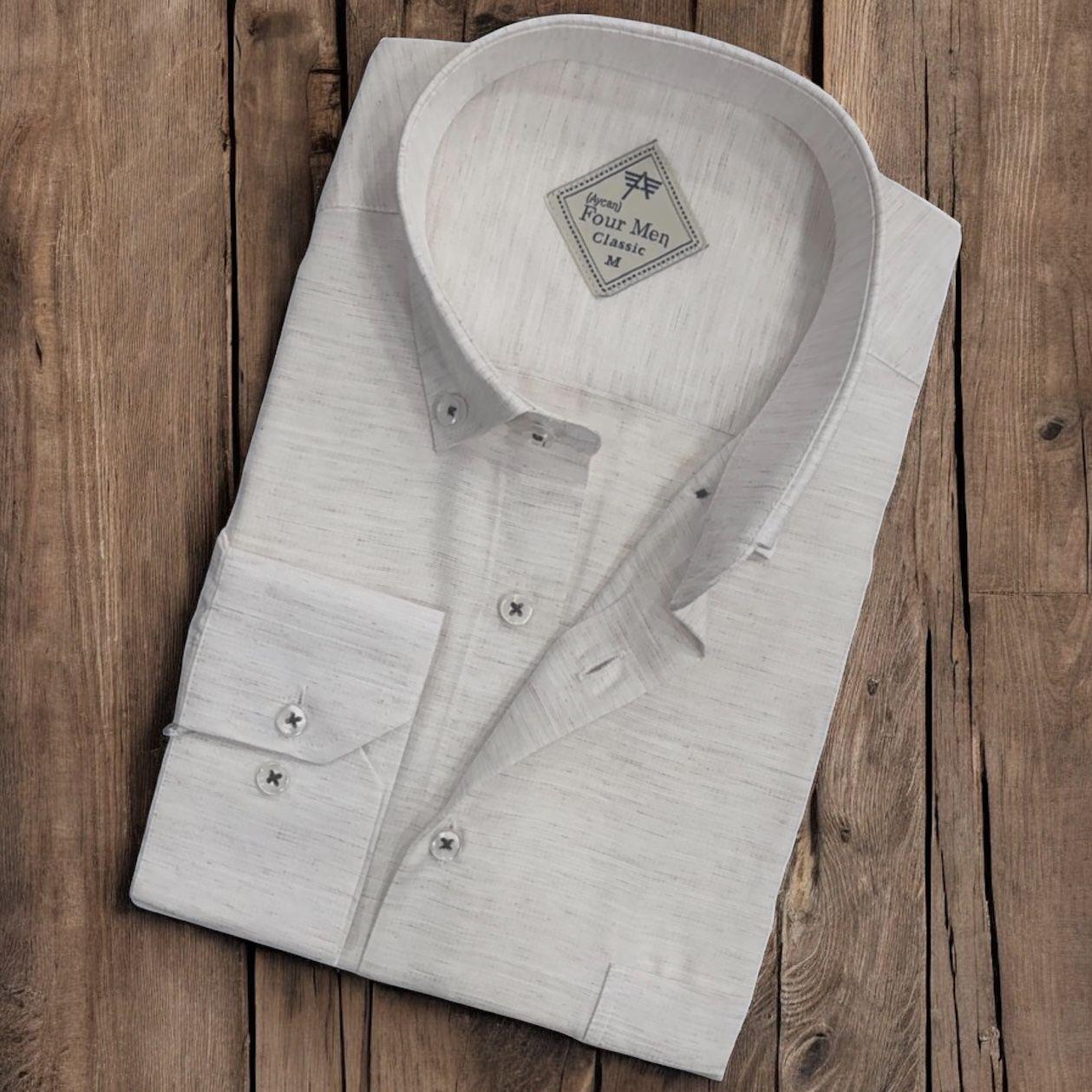 Linen Keten Hafif Kumaş Uzun Kollu Beyaz Erkek Gömlek (Regular Kalıp)