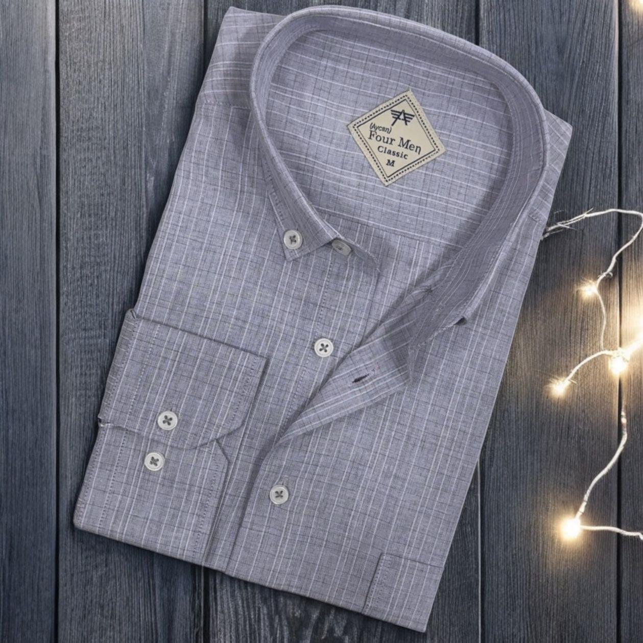 Linen Keten Hafif Kumaş Uzun Kollu Mavi Erkek Gömlek (Regular Kalıp)