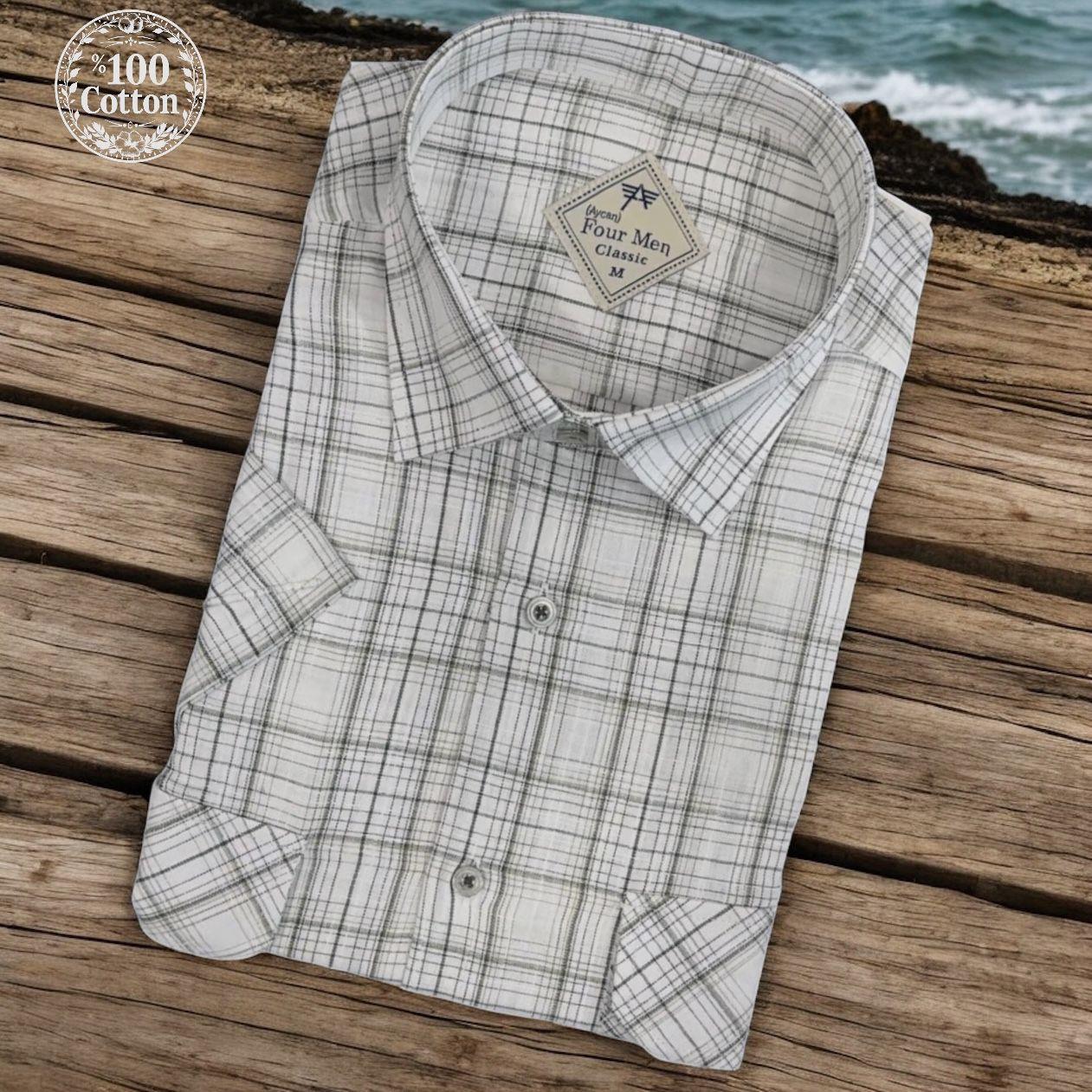 Linen Keten Klasik %100 Cotton Kısa Kollu Terletmeyen İki Cepli Kapaklı Beyaz Gömlek (Regular Kalıp)