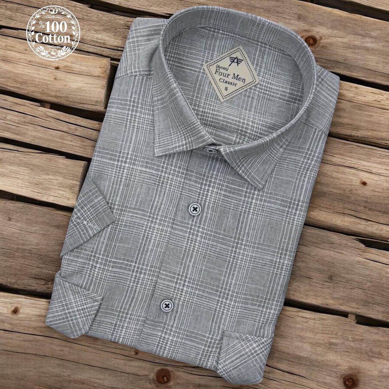 Linen Keten Klasik %100 Cotton Kısa Kollu Terletmeyen İki Cepli Kapaklı Gri Gömlek (Regular Kalıp)