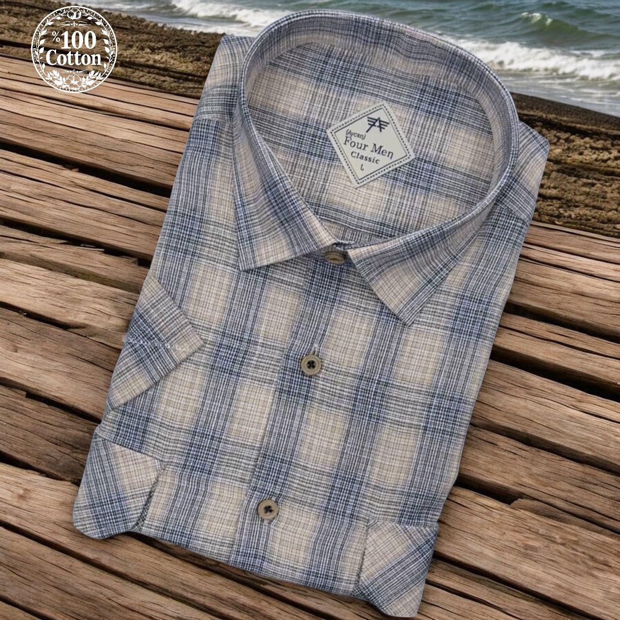 Linen Keten Klasik %100 Cotton Kısa Kollu Terletmeyen İki Cepli Kapaklı Camel Gömlek (Regular Kalıp)