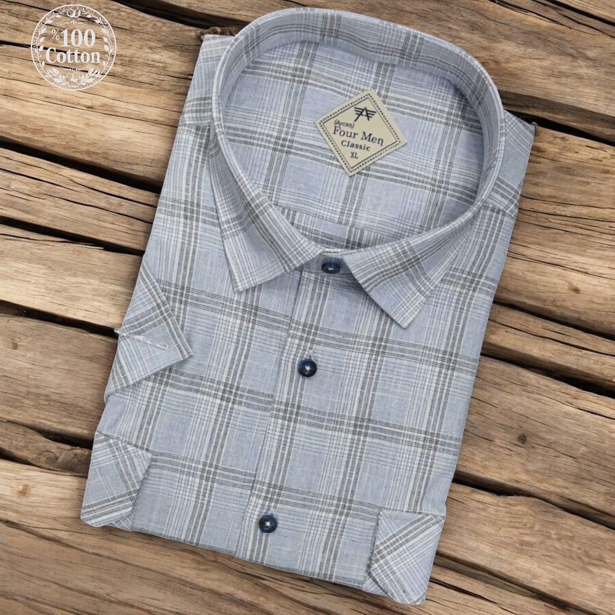 Linen Keten Klasik %100 Cotton Kısa Kollu Terletmeyen İki Cepli Kapaklı Mavi Gömlek (Regular Kalıp)