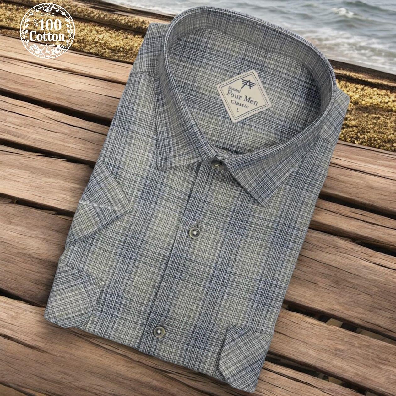 Linen Keten Klasik %100 Cotton Kısa Kollu Terletmeyen İki Cepli Kapaklı Yeşil Gömlek (Regular Kalıp)