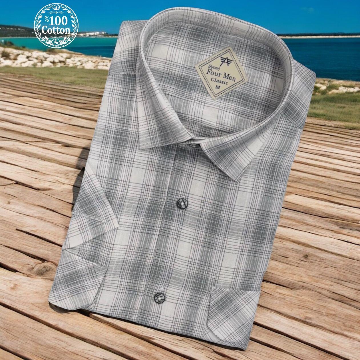 Linen Keten Klasik %100 Cotton Kısa Kollu Terletmeyen İki Cepli Kapaklı Gri Gömlek (Regular Kalıp)