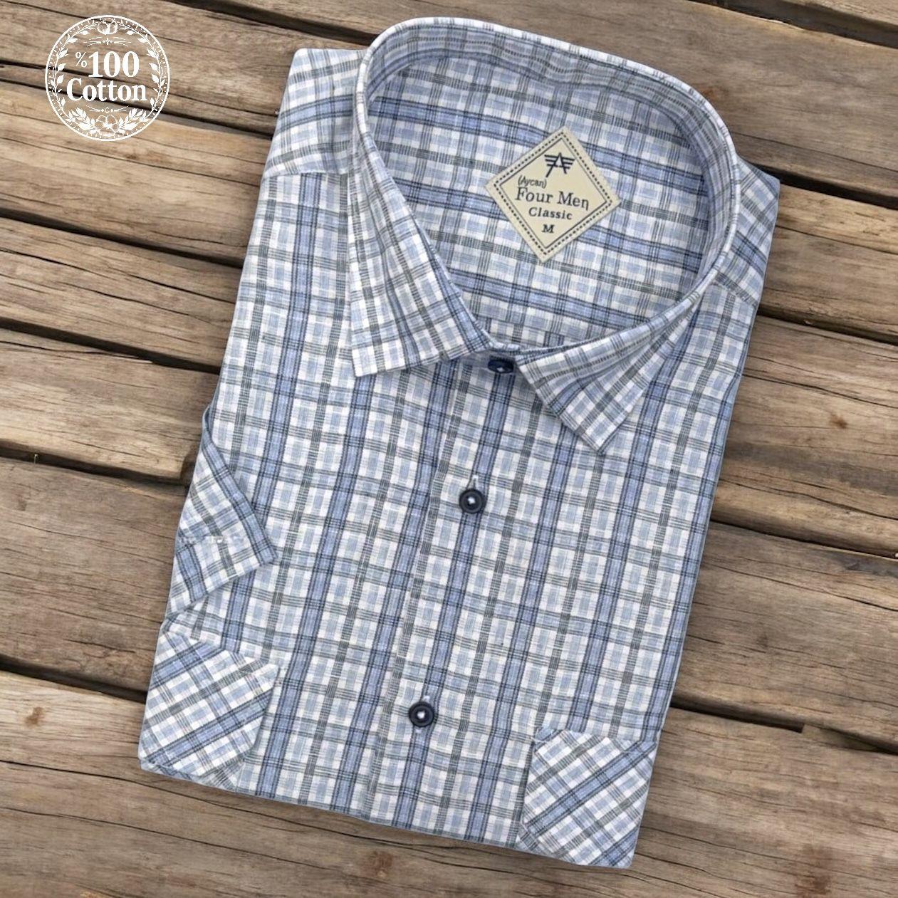 Linen Keten Klasik %100 Cotton Kısa Kollu Terletmeyen İki Cepli Kapaklı Mavi Gömlek (Regular Kalıp)