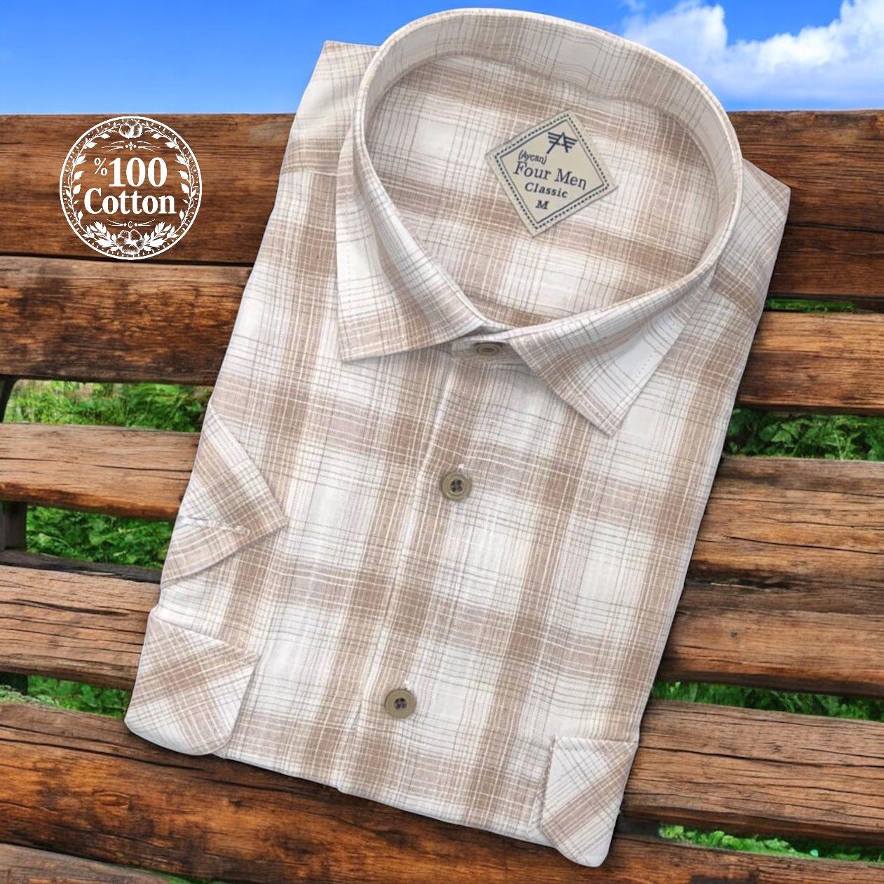 Linen Keten Klasik %100 Cotton Kısa Kollu Terletmeyen İki Cepli Kapaklı Camel Gömlek (Regular Kalıp)