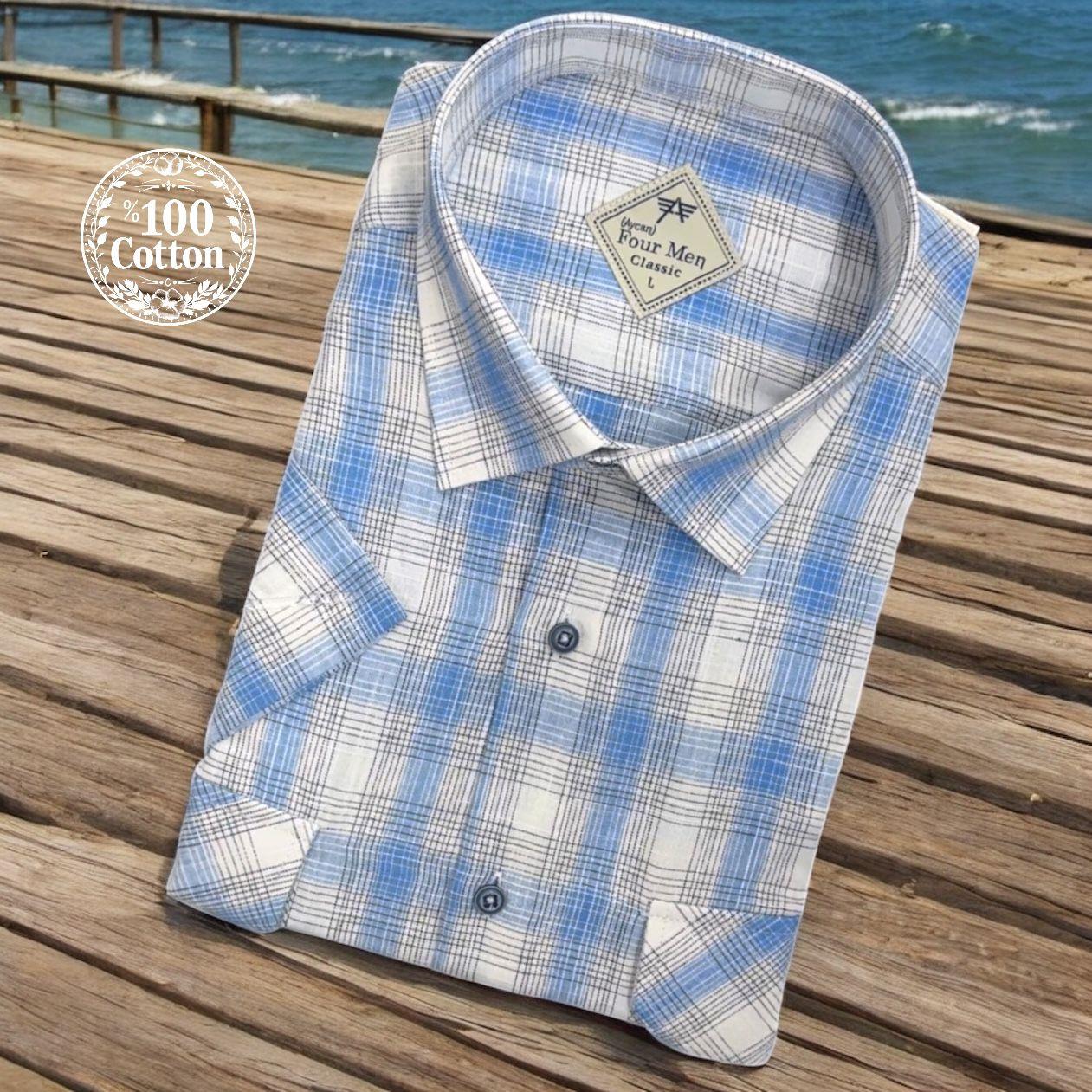 Linen Keten Klasik %100 Cotton Kısa Kollu Terletmeyen İki Cepli Kapaklı Mavi Gömlek (Regular Kalıp)
