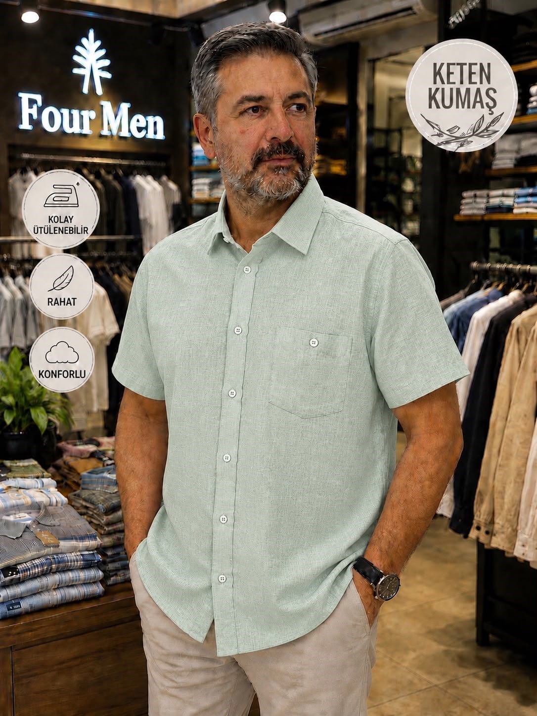 Linen Keten Klasik %100 Cotton Kısa Kollu Terletmeyen Gömlek 