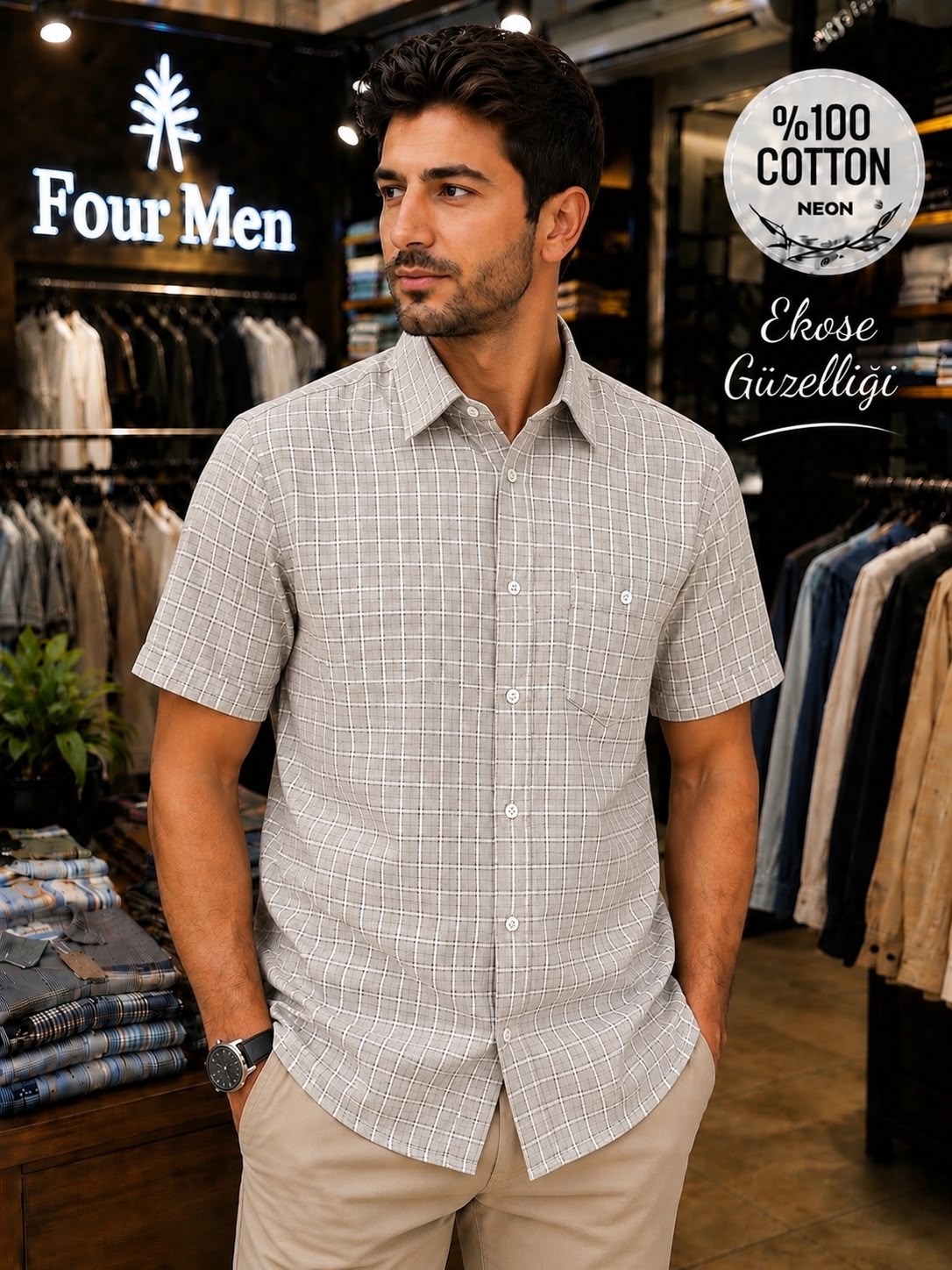 Linen Keten Klasik %100 Cotton  Kısa Kollu Ekose Pamuklu Tek Cepli Terletmeyen Gömlek 