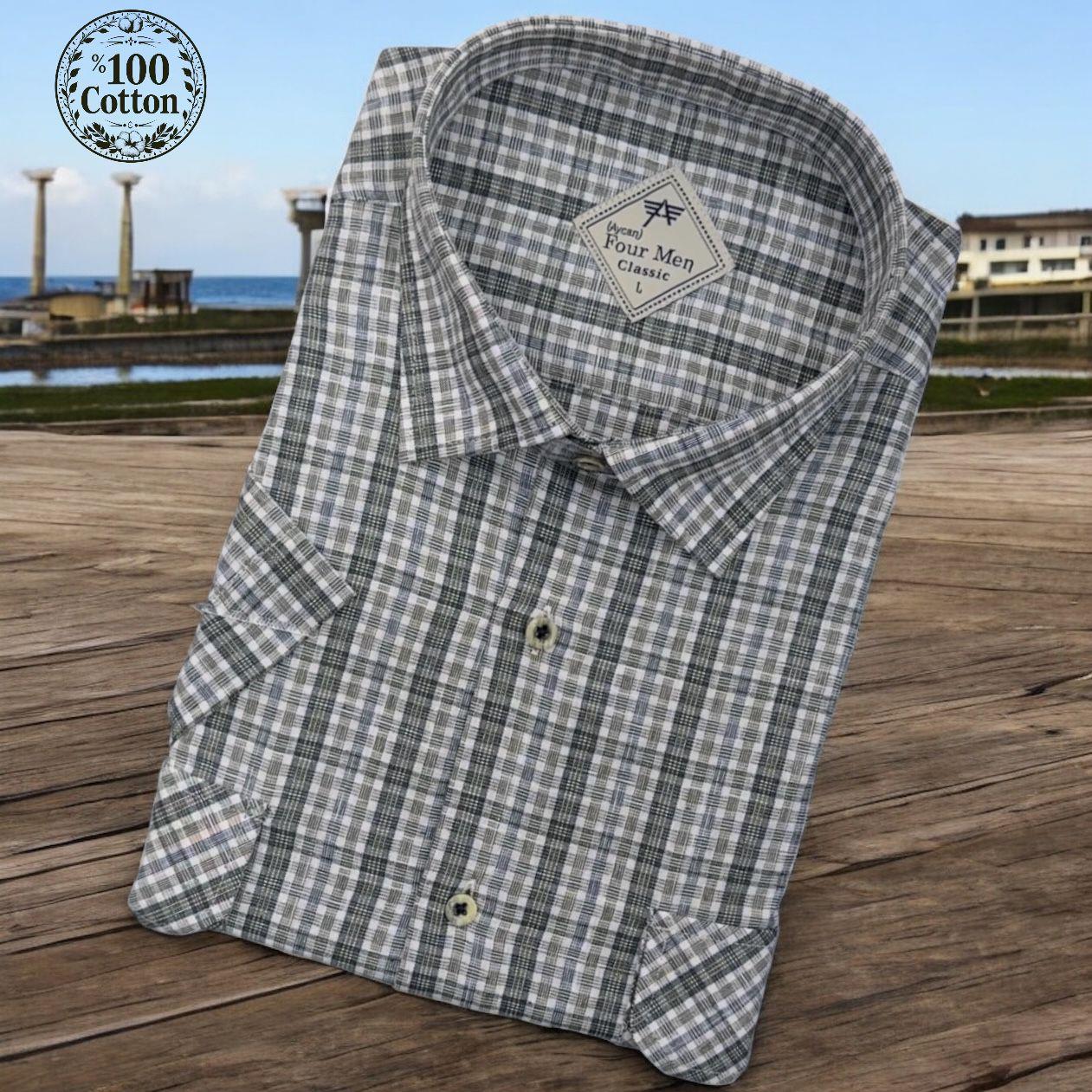 Linen Keten Klasik %100 Cotton Kısa Kollu Terletmeyen İki Cepli Kapaklı Beyaz Gömlek (Regular Kalıp)