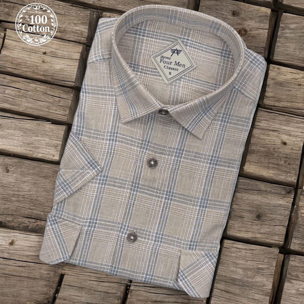 Linen Keten Klasik %100 Cotton Kısa Kollu Terletmeyen İki Cepli Kapaklı Vizon Gömlek (Regular Kalıp)